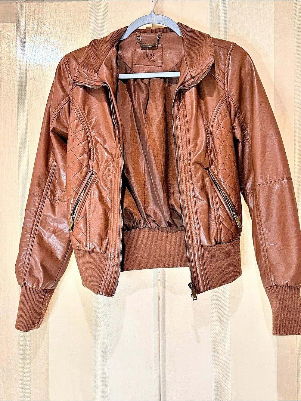 J2 Brown Quilted Vegan Leather Bomber Jacket Small